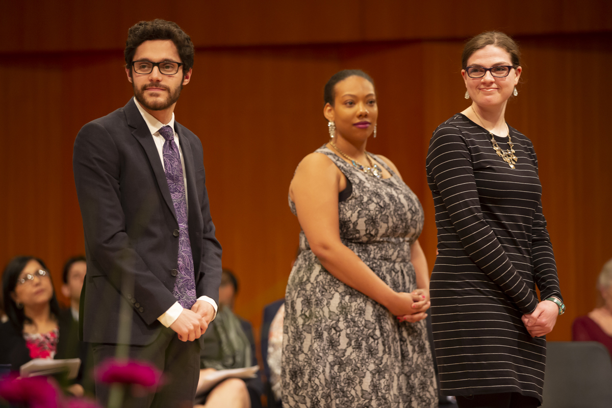 Jake Levine, Virginia Leach and Kelly Duddy standing on stage