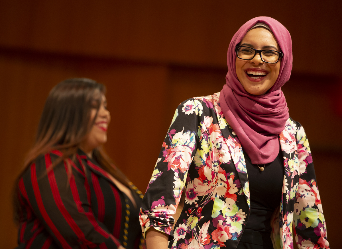 Leanza Rodriguez and Salma Mahmoud standing on the stage